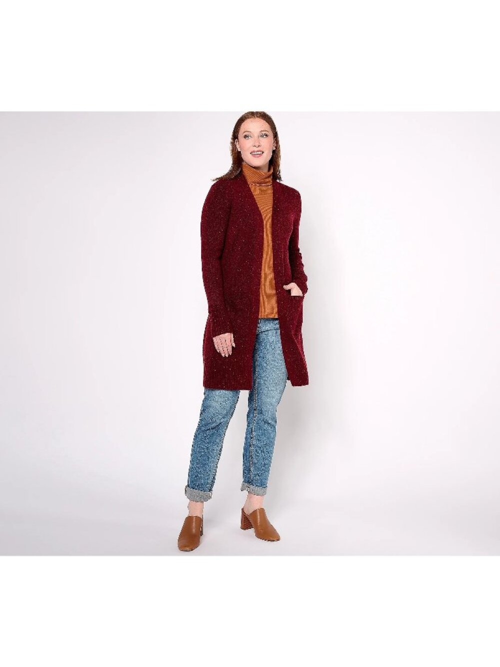 Denim & Co. Cardigan Sweater XXS Open Front Patch Pockets Wine Red Cozy Knitwear